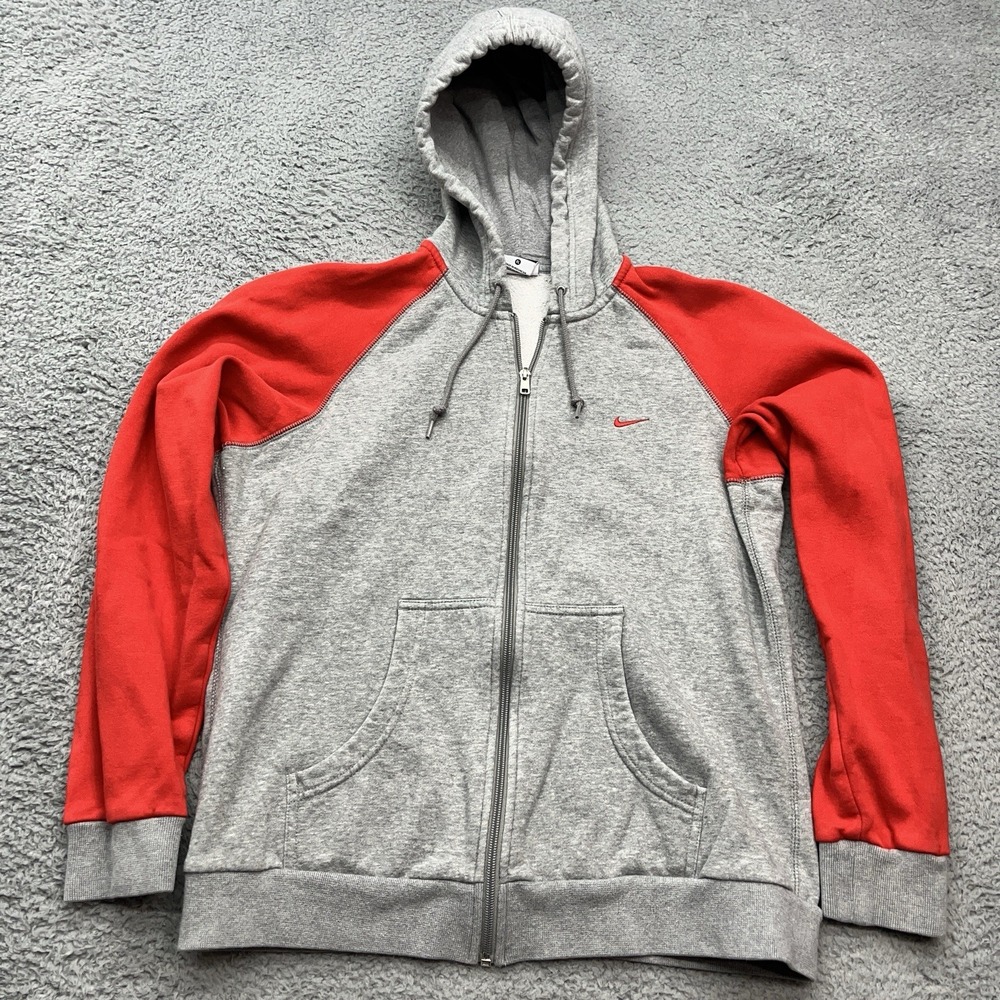 Nike Full Zip Hoodie Womens XL Gray Red Sleeves Red Swoosh Drawstring Athleisure